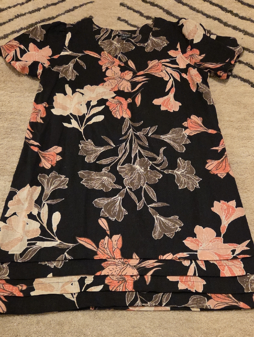 Nicole Miller Black Midi Dress with Pink and Cream Floral Print
